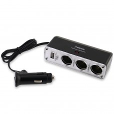 Insten Three-Way Car Cigarette Lighter Socket Splitter w/ USB Port, Black